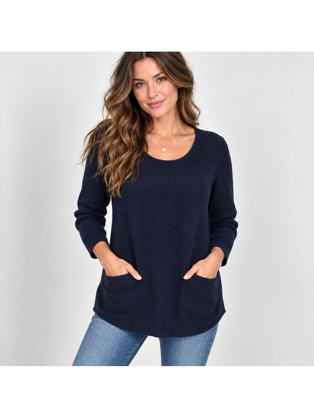 LOFT Navy Blue Cotton Tunic Sweater M Pocket Long Sleeve Lagenlook Coastal Prep